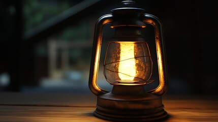 A lit kerosene lamp on a wooden table, with a dark blurred background.