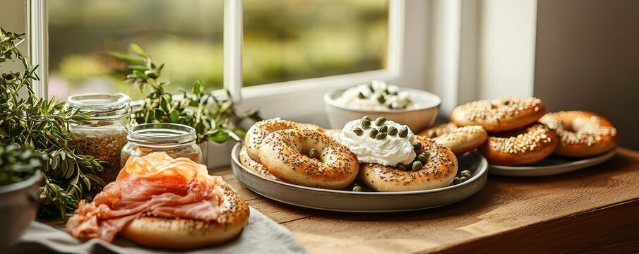 Freshly baked bagels served with cream cheese and salmon on a rustic wooden table by the window, perfect for a cozy breakfast.