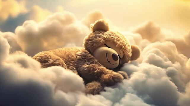 Teddy bear sleeps peacefully sleeps upon a fluffy cloud	