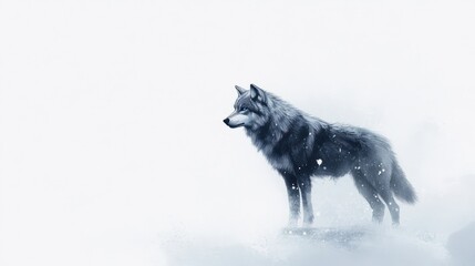 A solitary wolf stands in snowy wilderness, gazing into the distance