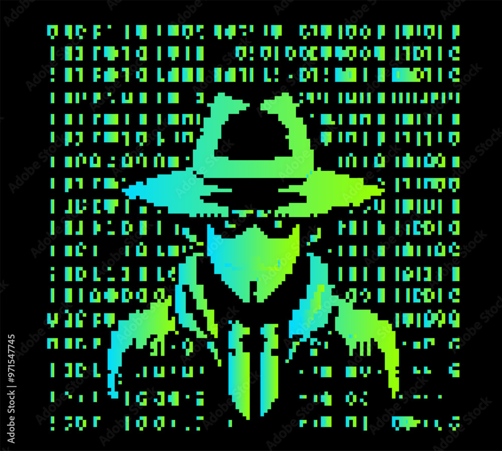 Poster pixel-art stylized portrait of the masked anonymous, who is often associated with hacking and cybers