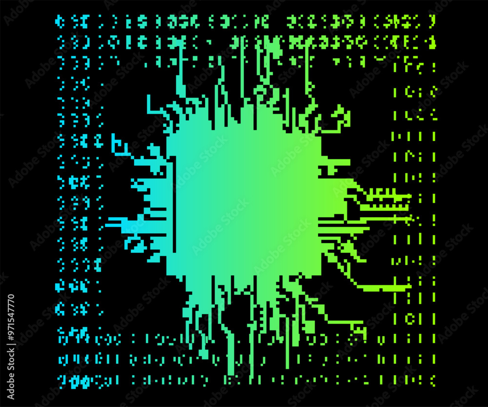 Poster pixelated illustration of a computer chip or circuit board, rendered in a dark green color palette.