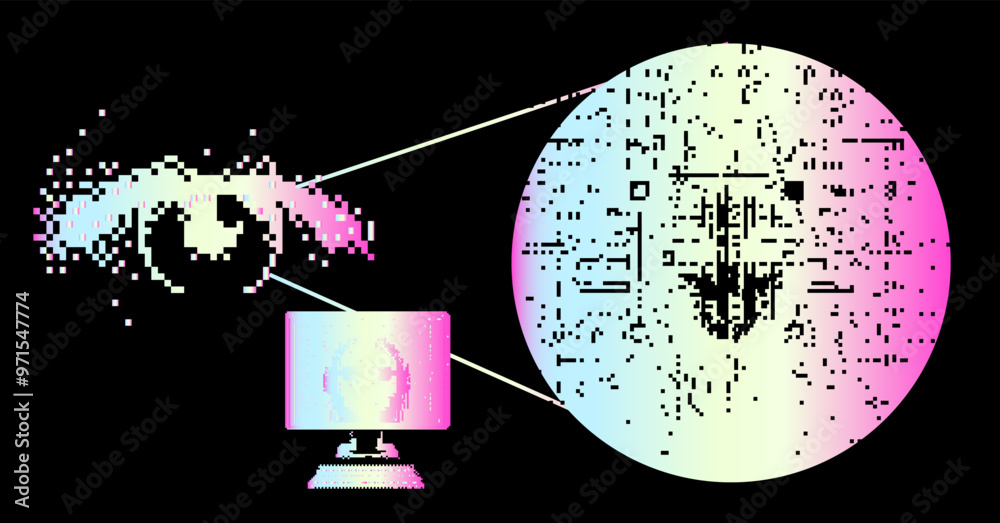 Aufkleber Collage of pixelated and distorted images of a computer and human eyes. Concept related to artificial intelligence and digital surveillance.