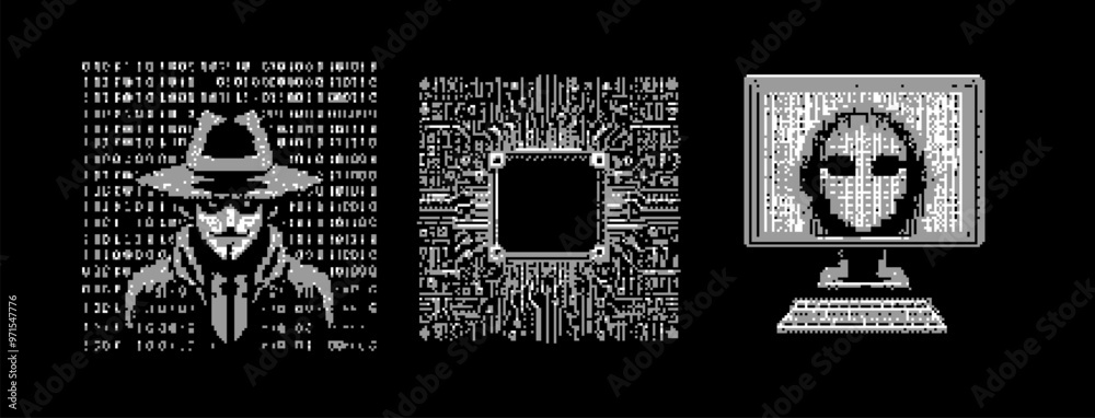Poster Pixelated illustration of a hacker, a computer, and a circuit board.   Visual representation of the concept of hacking and cybercrime.