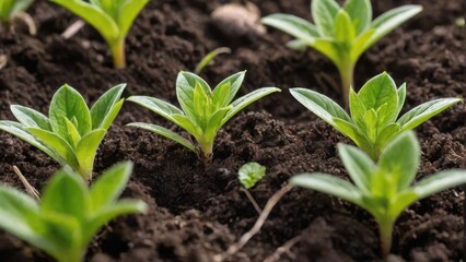 Close-up of young plants emerging from rich soil, symbolizing growth and renewal.
