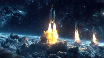 Three powerful rockets launch into space, their flames illuminating the night sky and leaving trails of smoke.