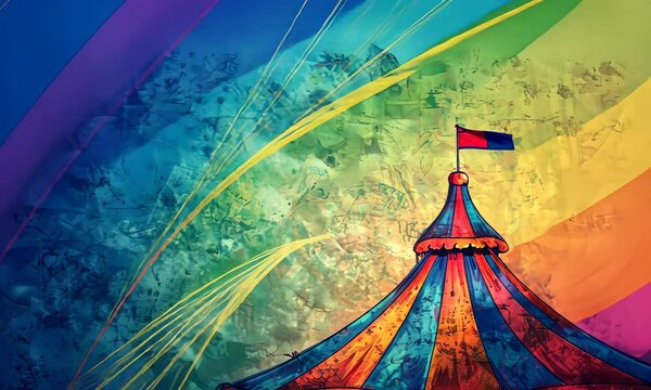 Vibrant abstract painting of circus tent with rich colors and striking brushstrokes