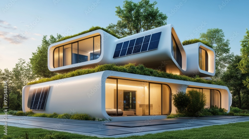 Wall mural A modern house with a green roof and solar panels, AI