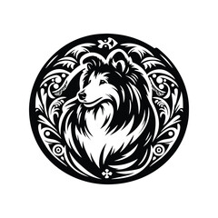 Fototapeta premium collie dog in folk art black and white silhouette illustration