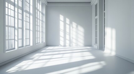 Fototapeta premium Empty room, shadow patterns on walls, white color, generative ai