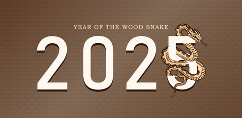 Beige banner celebrating the 2025 Year of the Wood Snake in the Chinese Zodiac. Golden snake weaves through 2025 number against reptile scaled skin pattern. Minimalist greeting card in asian style