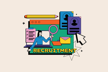 Recruitment concept in the flat cartoon style. This colorful illustration features various elements such as a magnifying glass, a checklist and various documents. Vector illustration.