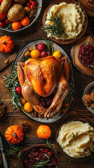A festive Thanksgiving feast spread featuring roasted turkey, mashed potatoes, and seasonal fruits