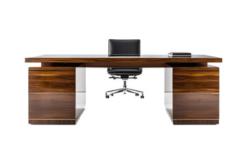 Executive desk, polished walnut wood, high gloss finish, centered in-frame, white seamless background, high-key lighting, minimalist design, casting soft shadow beneath