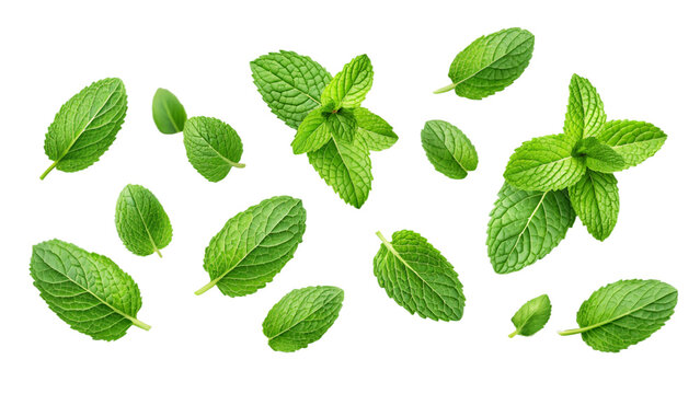 Mint leaves on transparent white background for graphic use