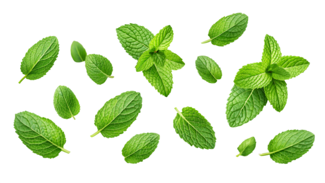 Mint leaves on transparent white background for graphic use