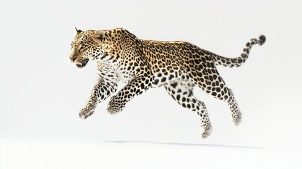 Obraz premium A Leopard Leaping Through the Air with a White Background