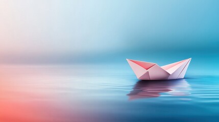 Obraz premium A paper boat floating on a body of water with the sun behind it, AI
