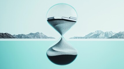 An hourglass with the top half filled with abstract work-related items (files, laptops), and the bottom half with serene, flowing sand that forms a peaceful landscape