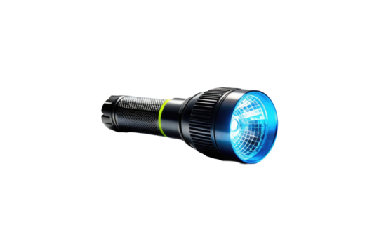 High-end, ultra-clear stock photo featuring a solo neon disco flashlight, its vibrant body in full view positioned precisely in the center, against an untouched crisp white backdrop, isolated