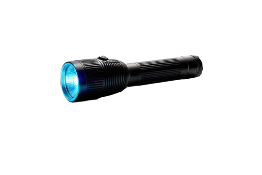 High-end, ultra-clear stock photo featuring a solo neon disco flashlight, its vibrant body in full view positioned precisely in the center, against an untouched crisp white backdrop, isolated