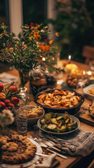 Fototapeta premium A beautifully arranged Thanksgiving table filled with delicious food and warm ambiance