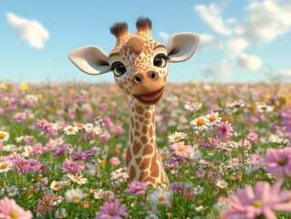 Giraffe in a field of flowers