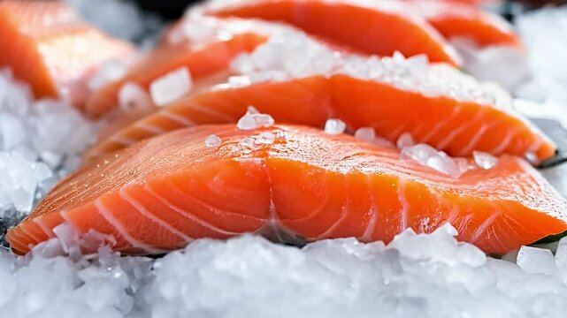 Fresh raw salmon fillets on ice at fish market stall, Salmon fish in a pile of ice at supermarket	