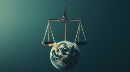 Balancing the Scales of Recession: An enormous set of scales floating above the Earth, where one side is weighed down by a dark cloud of economic slowdown