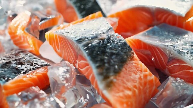 Fresh raw salmon fillets on ice at fish market stall, Salmon fish in a pile of ice at supermarket	