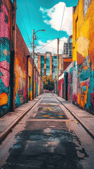 Fototapeta premium A vibrant city alleyway adorned with colorful street art and murals