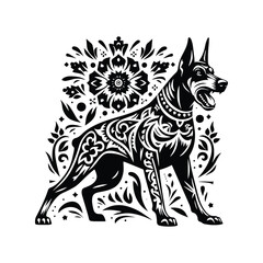 Doberman dog in folk art black and white silhouette illustration