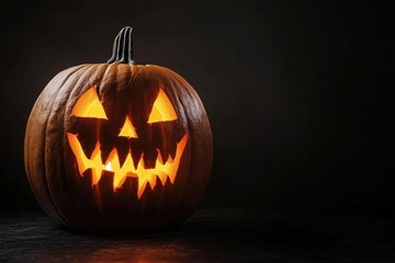 Fototapeta premium A carved jack-o'-lantern with an eerie grin, illuminated by the soft glow of candlelight against a black background Generative AI