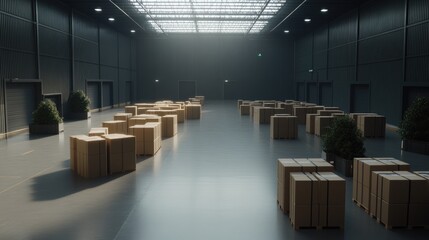 Bright, spacious industrial warehouse features high ceilings and large windows, filled with stacked boxes of fresh vegetables and organized fruit stands along the wall