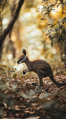 A wallaby hopping through bushland of national park, showcasing its natural habitat