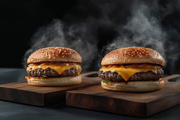 Two juicy burgers with cheese and lettuce are photographed on wooden boards, with smoke surrounding them