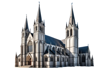 Medieval church, full-bodied, centered, isolated on white background, stock photo quality, architectural details prominent, gothic style elements, flying buttresses, spire acting as a focal point