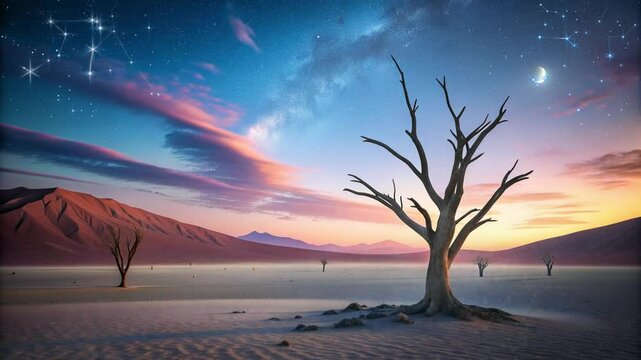 dry trees in the desert and shining stars