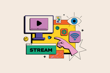 Online streaming service concept in the flat cartoon style. Illustration showing various streaming and media elements such as monitor play buttons and Wi-Fi signal. Vector illustration.