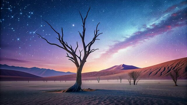 dry trees in the middle of the desert with a beautiful twilight sky