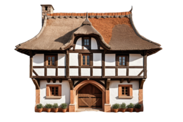 Medieval house, full body view, centered isolation against a pristine white background, high-quality stock photo, architectural details highlighted, shadow cast for depth, terracotta tones