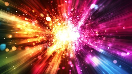 Colorful light rays burst from the center, creating a vibrant and energetic abstract background.