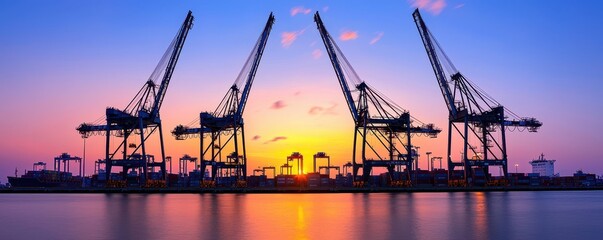Obraz premium A stunning sunset silhouette of cranes at a busy port, highlighting industrial activity and maritime transportation.