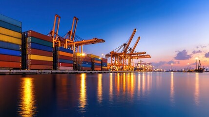 A vibrant sunset over a busy shipping port with towering cranes and colorful containers reflected in calm water.