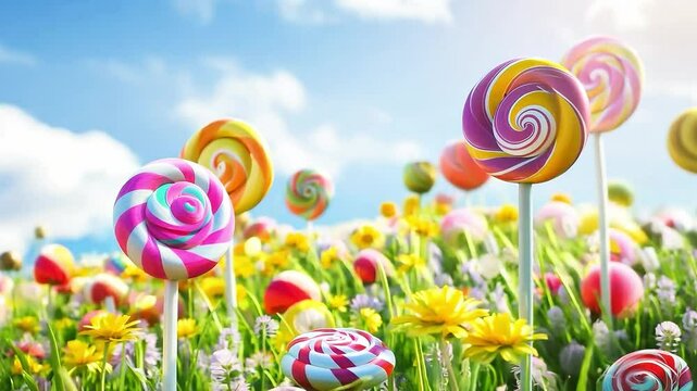Lollipops in the park, colorful candy land playground, sweet swirl candies, isolated background, cute cartoon environment happy amusement park, fantasy world, hills epic cinematic	