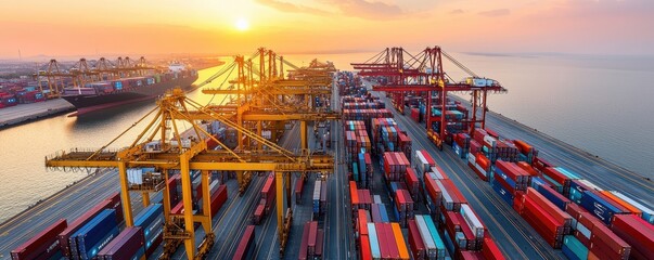 Aerial view of a busy container port at sunset, showcasing vibrant shipping containers and cranes in a tranquil harbor setting.