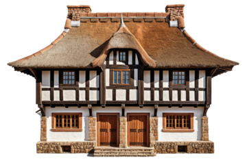 Medieval house, full body view, centered isolation against a pristine white background, high-quality stock photo, architectural details highlighted, shadow cast for depth, terracotta tones