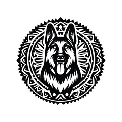 German Shepherd dog in folk art black and white silhouette illustration