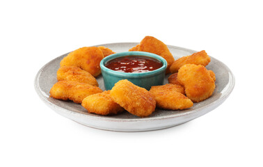 Plate with hot chili sauce and nuggets isolated on white