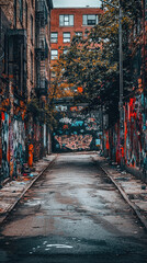Fototapeta premium Urban alleyway with vibrant graffiti art and moody atmosphere